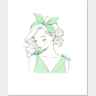 Minimalist line art pretty girl in green Posters and Art